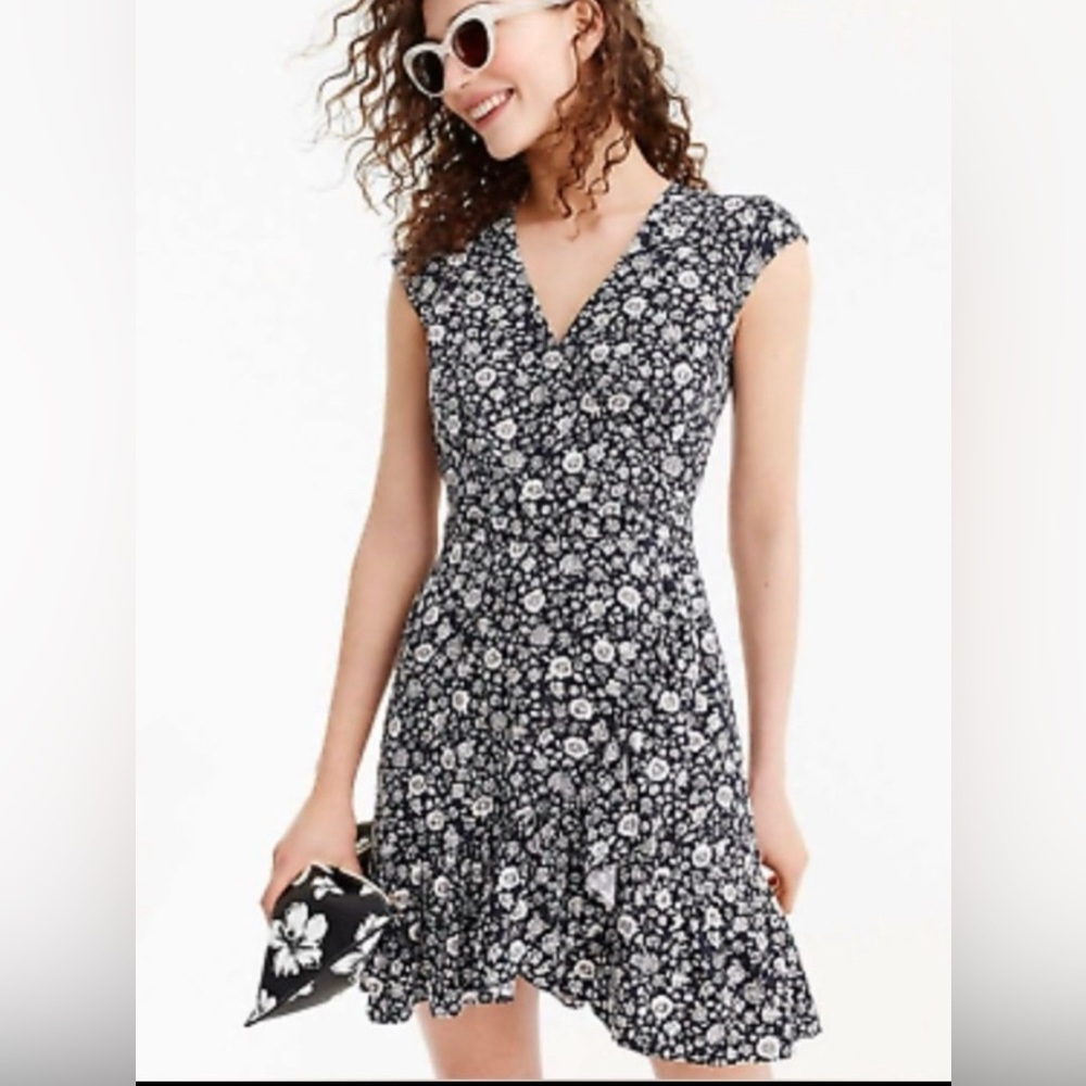 J. Crew Mercantile Navy and White Floral Faux Wrap Mini Dress